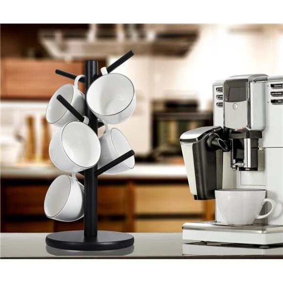 Black Wooden Mug Holder Tree Coffee Cup Stand with 6 Hooks Kitchen Counter Rack - Picture 2 of 7